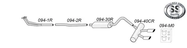 The schematic diagram of a Simons sports exhaust duplex system for Opel GT 1900 shows piping, silencer and tailpipe. The system is made of stainless steel and includes mounting material. A stainless steel quality logo is shown.