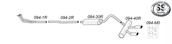 The picture shows a stainless steel sports exhaust duplex system from Simons for the Opel GT 1900 with pipes, silencer, two tailpipes and mounting material. The parts are numbered, with the Simons logo at the top.