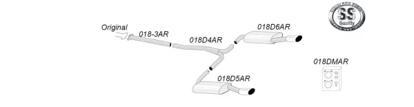 Sketch of a Simons sports exhaust in duplex design for a Mazda 6 MPS. The system consists of pipes and two rear silencers with one tailpipe each. The manufacturer's logo "Simons Stainless Steel Quality" is also shown.