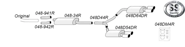 The illustration shows a schematic diagram of a Simons sports exhaust duplex L+R system. Various parts such as pipes, rear silencer, connectors and mounting material are numbered. Top right: "Stainless Steel Quality" logo.
