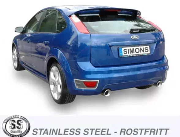Rear view of a blue Ford Focus ST with fitted Simons stainless steel sports exhaust. The tailpipes of the exhaust system, the license plate with the lettering "Simons" and the "Stainless Steel" logo are visible.