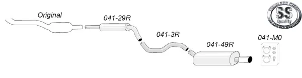 Diagram of a Simons stainless steel sports exhaust system for Audi TT 8N, consisting of pipes, silencers and mounting material. The system is shown as a retrofit kit with part numbers. SS logo for stainless steel quality.