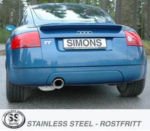 Rear view of a blue Audi TT 8N with rear spoiler. The focus is on the Simons stainless steel sports exhaust with a single, round tailpipe. License plate with "Simons" lettering. A logo with the inscription "Stainless Steel" at the bottom of the picture.
