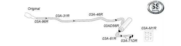 The illustration shows a Simons sports exhaust system made of stainless steel with two tailpipes (2x 80mm), including mounting accessories. Schematic representation of the exhaust system for BMW F30 316D, 318D, 320D models.