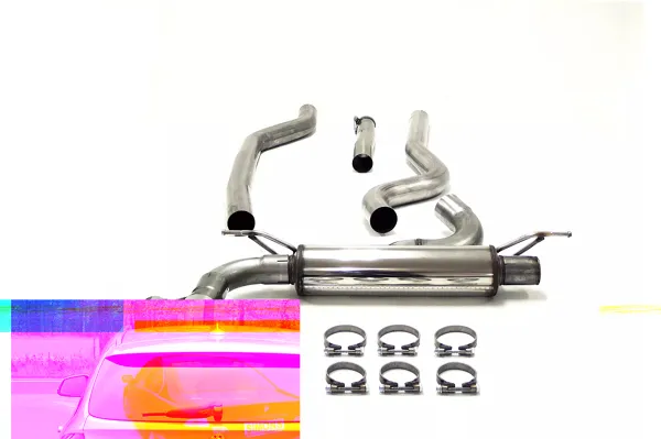 A Simons sports exhaust system for BMW F30. The stainless steel exhaust system consists of pipes and a silencer. Six metal clamps are in the foreground. Part of a vehicle can be seen in the lower part of the picture.