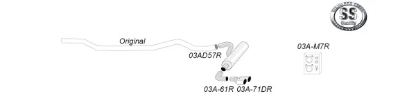 Sketch of a Simons stainless steel sports exhaust system with two tailpipes. The system is shown from the side, including the mounting elements. The logo of the manufacturer Simons Edelstahl can also be seen.