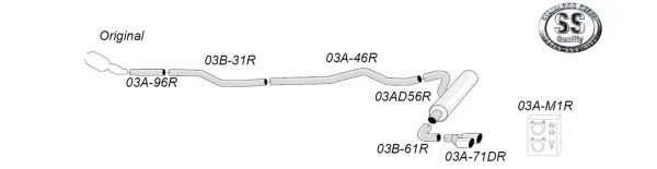 The Simons sports exhaust system for BMW F34 GT 318D, 320D is shown as a technical drawing. The picture shows the exhaust system made of stainless steel with 2x 80mm tailpipes, including mounting material and clamps. The Simons logo is also shown.