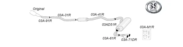 Schematic diagram of the Simons sports exhaust system for BMW F30 320i/328i. The illustration shows the pipe routing from the rear of the vehicle to the tailpipes, including components such as silencers and connectors. Part numbers noted.