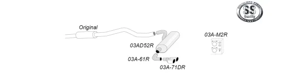 Sketch of a Simons stainless steel sports exhaust system for BMW F30 320i, 330i with two tailpipes (2x 80 mm). Pipes, a silencer and the positions of the mounting parts are shown. The article numbers are also visible.