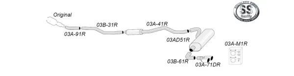 A schematic diagram of a Simons stainless steel sports exhaust system for BMW F34 GT 320i. The diagram shows the pipe routing and components of the exhaust system with tailpipes, including accessories and installation material.