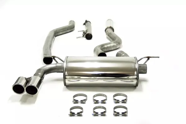 A Simons sports exhaust system made of stainless steel, consisting of a rear silencer with two polished 80mm tailpipes, several stainless steel pipes and six pipe clamps, on a white background. The system is for BMW F34 GT 320i models.