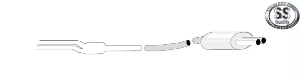 Schematic drawing of an Simons sports exhaust system for a BMW 5 Series E60. Shown are pipes, a muffler, and two round 80mm tailpipes. A logo with the inscription "Stainless Steel Quality" is shown in the upper right corner.