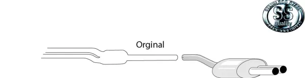 Diagram of a Simons sports exhaust for BMW 5 Series E60: pipe section and rear muffler with two round 80mm tailpipes. Stainless steel. "Stainless Steel Quality" logo in upper right corner.