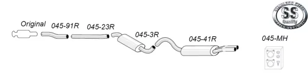 Schematic diagram of the Simons sports exhaust system for Audi 80, 90, Cabrio B4 Type 8G. Illustration shows components such as pipes, silencer and mounting accessories. Double tailpipe, diameter 2x70 mm.