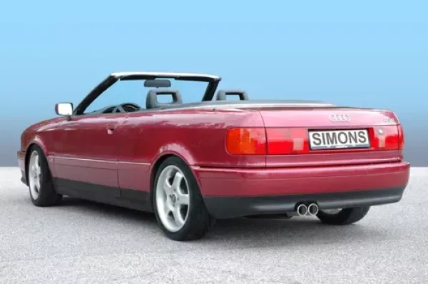 A red Audi 80 Cabriolet from the rear, with "Simons" on the license plate. The two tailpipes of the Simons stainless steel sports exhaust system 2x70 mm can be seen at the bottom left and in the middle.