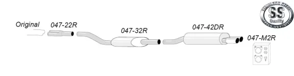 Sketch of a Simons stainless steel sports exhaust system for Audi S4 Quattro C4. You can see pipes and silencer, numbered 047-22R, 047-32R, 047-42DR. Bracket 047-M2R and logo "Stainless Steel Quality".