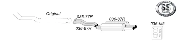 Schematic of a stainless steel sports exhaust system from Simons for BMW E36 M3, consisting of pipe segments, a silencer with two tailpipes (2x70 mm) and mounting material. The Simons logo is also shown. The system is registration-free.