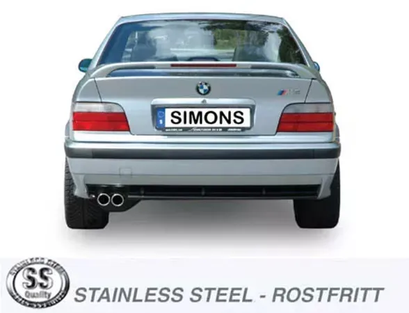 Rear view of a silver BMW E36 with Simons sports exhaust system. Twin pipe end pieces visible under the bumper. License plate "Simons" attached. Vehicle with rear spoiler. Logo for stainless steel quality visible.