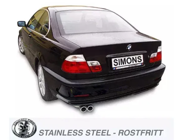 Rear view of a black BMW E46. License plate "Simons" with two round silver stainless steel tailpipes of the sports exhaust. Bottom left round logo with lettering "Stainless Steel Quality". Right text: "STAINLESS STEEL - ROSTFRITT".