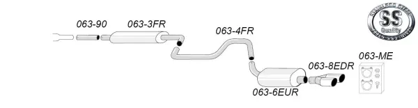 Sketch of a Simons sports exhaust system for SAAB 9-3 Turbo with 61L tank. The system consists of several pipes and two rear silencers with square 2x80mm tailpipes. Also shown are accessories such as mounting material and clamps.