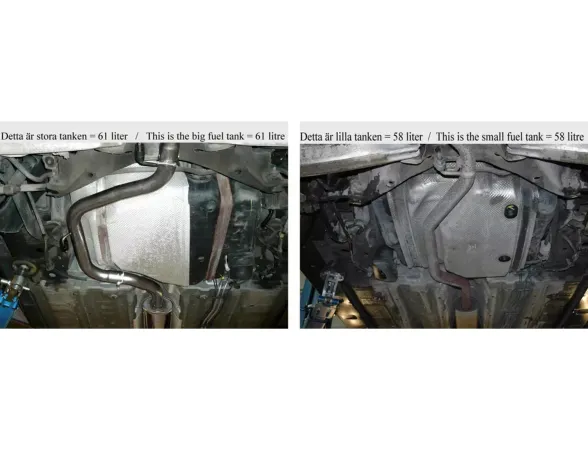 Two views of the underside of a car, showing the exhaust system and the fuel tank. The left side shows a larger tank (61L), while the right side shows a smaller tank (58L). Both systems are mounted under the car.