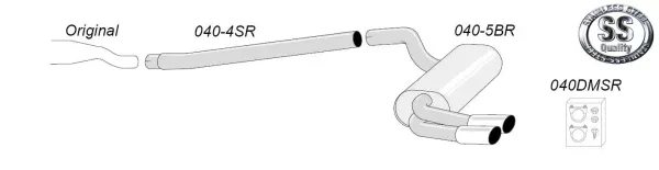 The illustration shows a schematic representation of a Simons stainless steel sports exhaust system for an A3 (8P) Quattro 1.8TFSi/2.0TFSi, including pipes, rear silencer with 2x80mm tailpipes, mounting material and the Simons logo.