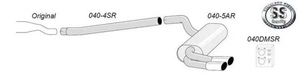 Sketch of a Simons stainless steel sports exhaust system for the A3 Sportback Quattro, consisting of pipes, a silencer with two tailpipes and mounting material. A logo with the lettering "Stainless Steel Quality" is shown.