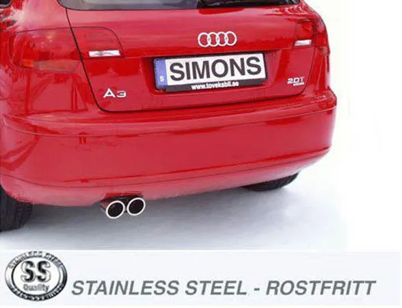 Rear view of a red A3 Sportback with Simons license plate and 2x80mm stainless steel sports exhaust system. The exhaust has two polished tailpipes. At the bottom of the picture you can see the logo for stainless steel and "Stainless Steel - Rostfritt".