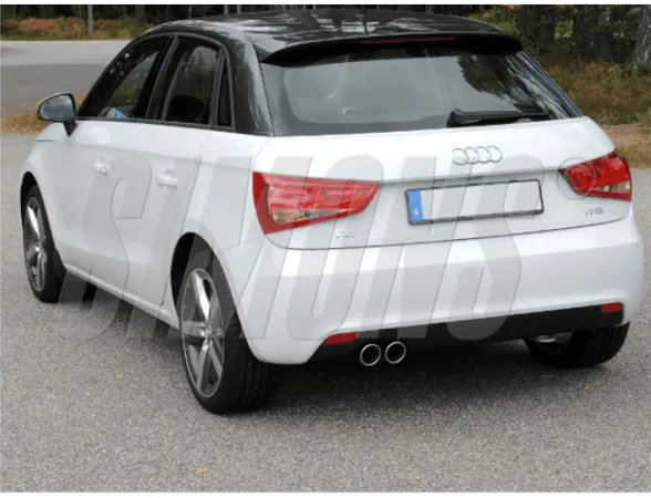 Rear view of a white Audi A1 with black roof. You can see the rear lights, the Audi logo, license plate and the Simons stainless steel sports exhaust system with 2 tailpipes (2x80mm).