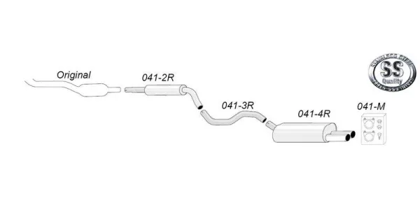 The picture shows a schematic representation of a Simons stainless steel sports exhaust system for Audi A3 (8L). The system consists of several parts including tailpipe and mounting material. The "SS Stainless Steel Quality" logo is shown.
