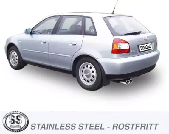 Silver Audi A3 (8L) from the rear, with double, round tailpipes of a Simons stainless steel sports exhaust system. The license plate bears the lettering "Simons". Below the car a logo and the text: "Stainless Steel - Rostfritt".