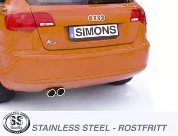 Rear view of an orange Audi A3 Sportback. Two round, silver tailpipes of the stainless steel sports exhaust system can be seen below the license plate with the Simons logo. The "Stainless Steel" logo is at the bottom of the picture.
