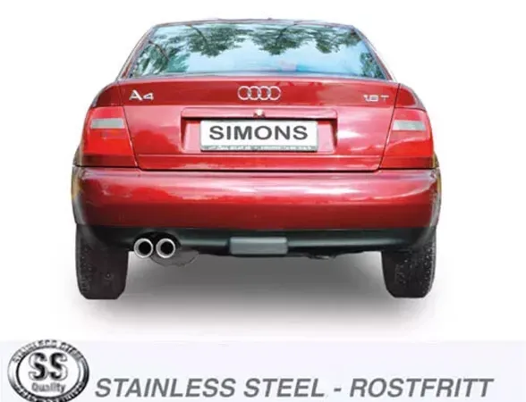 Red Audi A4 (B5) sedan, rear view, with Simons license plate and 2x80mm stainless steel sports exhaust system. The car is photographed in a bright environment and has a sporty look. At the bottom is a logo for "Stainless Steel - Rostfritt".