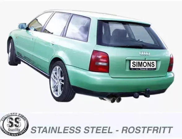 A green Audi A4 Avant from behind, with mounted Simons sports exhaust system 2x80mm. The tailpipes are made of stainless steel and shine underneath the trailer coupling. The license plate bears the lettering "Simons".