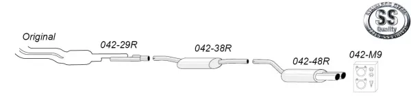 Schematic diagram of a Simons stainless steel sports exhaust system for Audi A4 (B5). The system is constructed from left to right, consisting of pipes, absorption silencers and tailpipes. Accessories and stainless steel quality logo are shown.