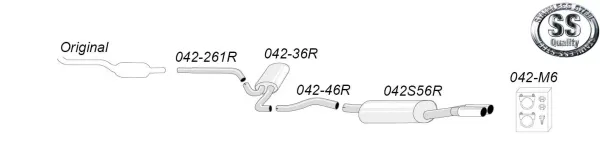 Schematic representation of a Simons stainless steel sports exhaust system for an Audi A6 (C5). The system consists of various pipes, silencers and tailpipes (2x80mm). Mounting material included. EC approval available.