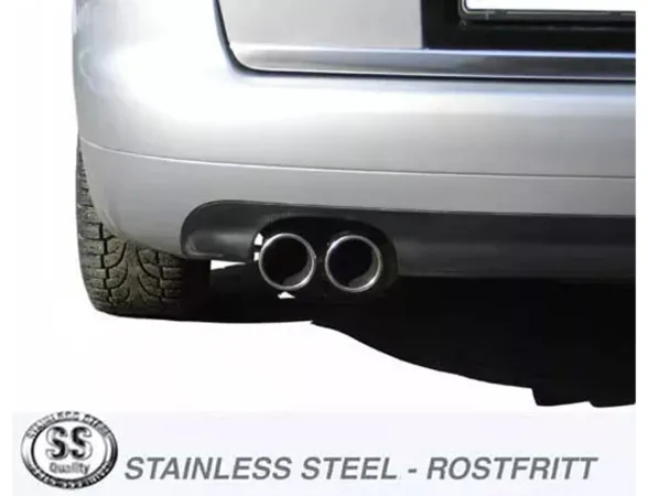 Rear view of a silver Audi A6 (C5). The Simons stainless steel sports exhaust system is visible with two tailpipes (2x80 mm). One tire is cut off in the picture. The exhaust is shiny and clean.