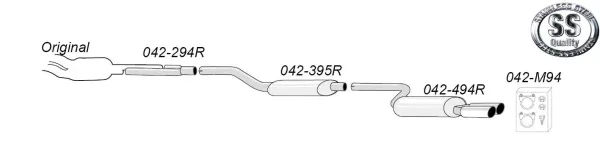 Sketch of a Simons stainless steel sports exhaust system. The system consists of several pipes and silencers, which are numbered. At the top right is a logo with "SS Stainless Steel Quality". Assembly materials are shown at the bottom right.