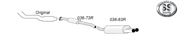Schematic representation of a Simons stainless steel sports exhaust system for BMW E36, consisting of a rear silencer with double tailpipe 2x80mm, a middle silencer and the original exhaust. The system bears the "Stainless Steel Quality" logo.