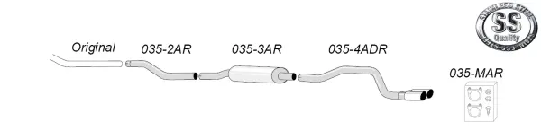 Schematic of a Simons stainless steel sports exhaust system for BMW E81/E87 120d with pipes and silencer. Tailpipes 2x80 mm. Accessory kit with clamps, screws and nuts. Stainless steel quality" emblem on the top right.