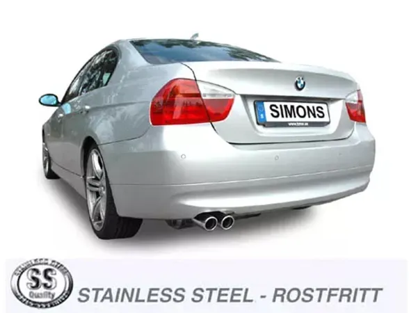 Rear view of a silver BMW E90 LCI with fitted Simons sports exhaust system. The system has two tailpipes with a diameter of 80mm each. The license plate shows the brand name "Simons". There is a logo under the vehicle that reads "Stainless Steel".