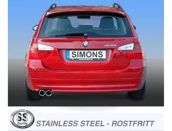Rear view of a red BMW E90 estate with fitted Simons sports exhaust system. The tailpipes, 2x80mm, are positioned centrally under the bumper. The license plate shows the brand name "Simons".