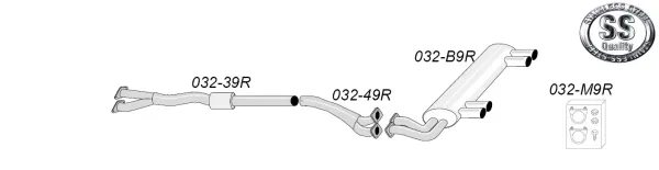 On a white background, a schematic representation of a Simons stainless steel sports exhaust system with pipes, silencer and mounting accessories, numbered. A "Stainless Steel Quality" logo at the top right.