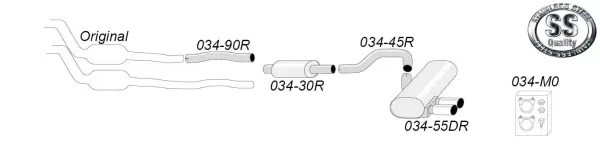 A schematic representation of a Simons stainless steel sports exhaust system for BMW E90. The drawing shows the pipes, the silencer and mounting accessories. The Simons logo and part numbers can also be seen.