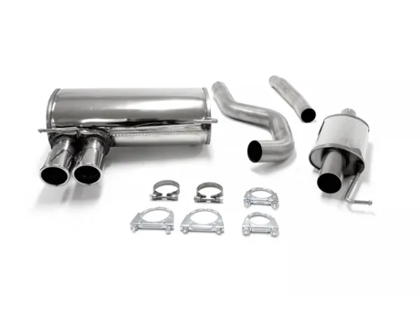 Polished stainless steel sports exhaust system for the BMW E91 from Simons:. Includes a main muffler with two 80mm tailpipes, a small front muffler, several curved and straight pipes, and mounting clamps—all polished on a white background.