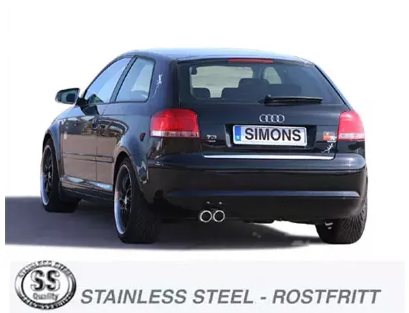 Rear view of a black Audi A3 (8P) with Simons sports exhaust system, consisting of two round, shiny tailpipes. License plate with the imprint "Simons". In the foreground a logo with the text "STAINLESS STEEL - ROSTFRITT".