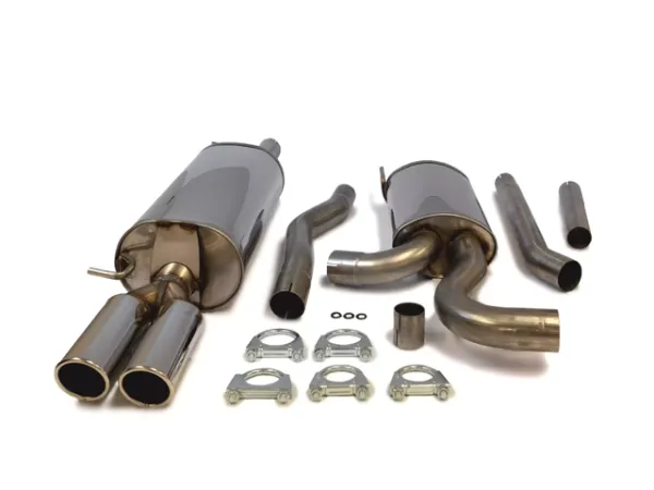 Simons A sports exhaust system made of polished stainless steel on a white background. Two mufflers (one with two 80 mm tailpipes), curved and straight pipes, as well as mounting hardware such as clamps and gaskets, neatly arranged.