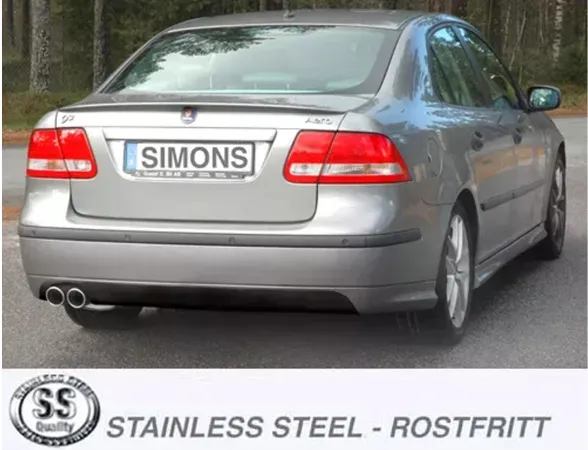 Rear view of a gray SAAB 9-3 Turbo. The license plate holder displays the brand name 'Simons'. Below it, the tailpipes of the Simons stainless steel sports exhaust system are visible—two round, polished pipes on the left, below the bumper.