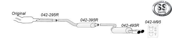 Schematic representation of a Simons sports exhaust system for an Audi RS4. Shown are the individual components from the catalytic converter with oval tailpipes, including mounting material and the stainless steel logo. The drawing shows the arrangement.
