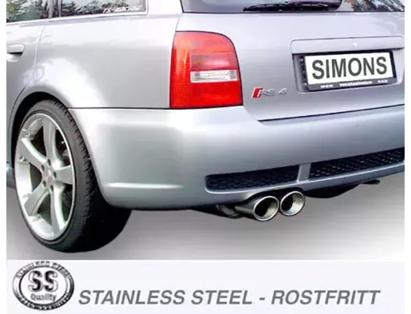 Rear view of a gray Audi RS4 Avant with a Simons sports exhaust. Two round, polished stainless steel tailpipes are visible. The license plate shows the brand name "Simons". The car has alloy wheels and red tail lights.